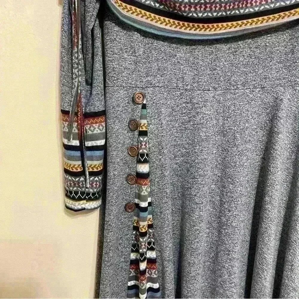 Boho Dress Women's Boat Neck Drawstring Ruched Long Sleeve Geometric size M - Picture 6 of 13